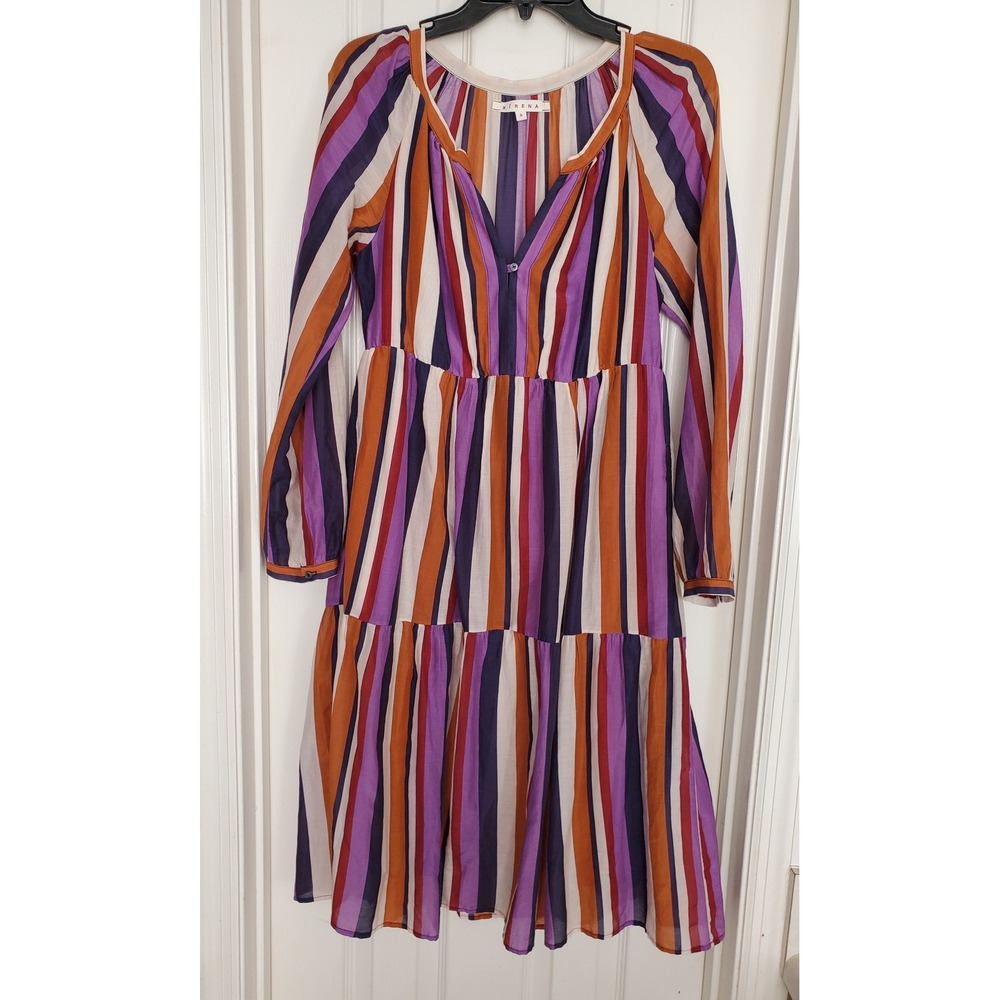 Xirena Dress Multicolor Fall Striped Silk Cotton Tiered Midi Boho Casual Small